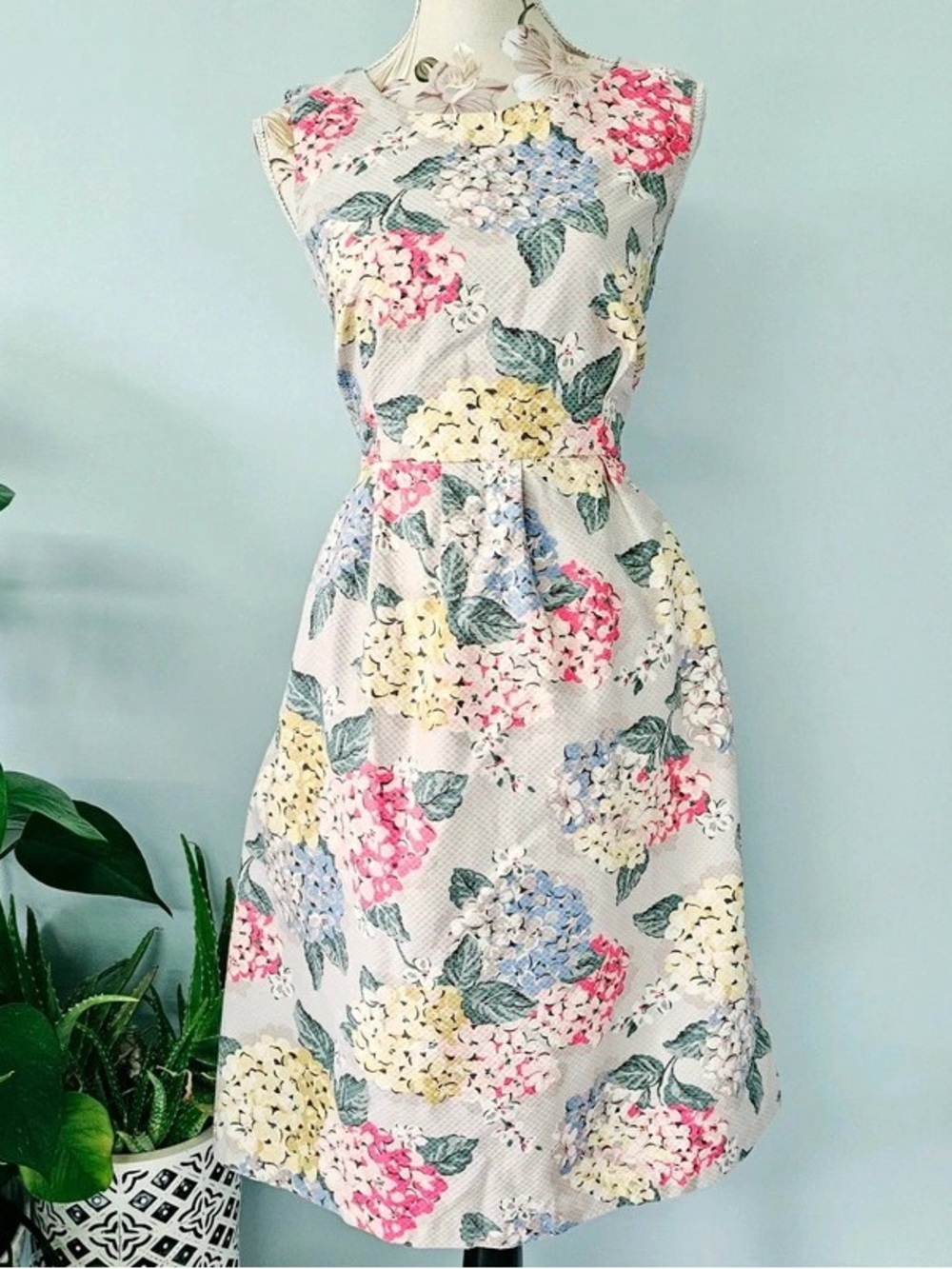 Sleeveless Cream Floral Maxi Dress with Pink, Blue and Yellow Hydrangeas